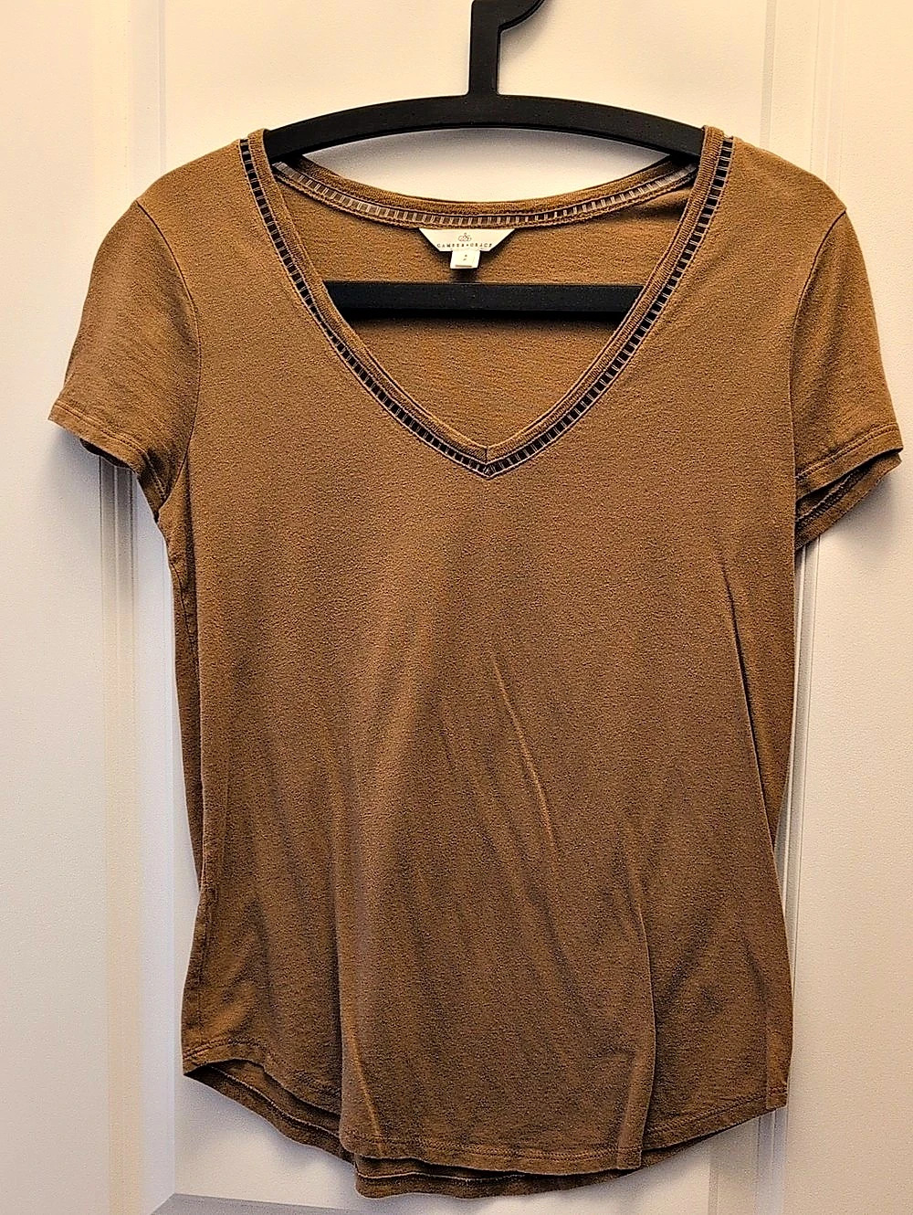 Cameron Racy Short Sleeve V-Neck Top in Brown Size Small